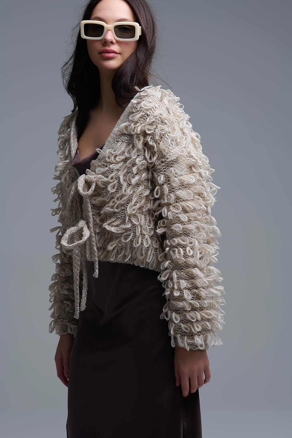 Beige Cropped chunky Knit cardigan with V-Neck and Front Tie closure - Coats and Jackets