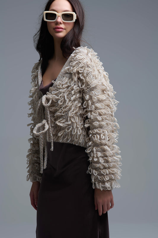 Beige Cropped chunky Knit cardigan with V-Neck and Front Tie closure - Coats and Jackets