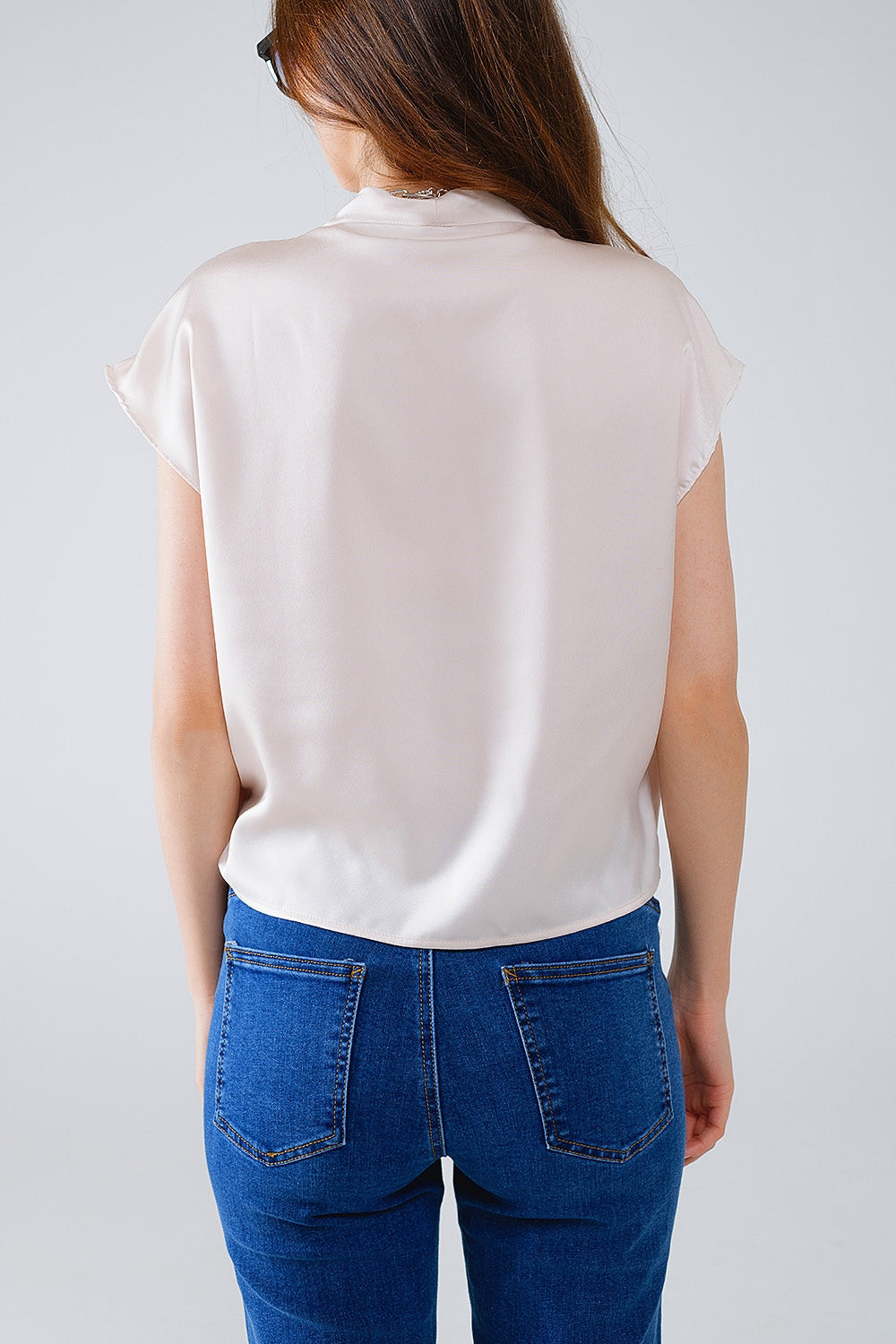 Beige Crossed Silk Top With V-neck and Short Sleeves - Tops