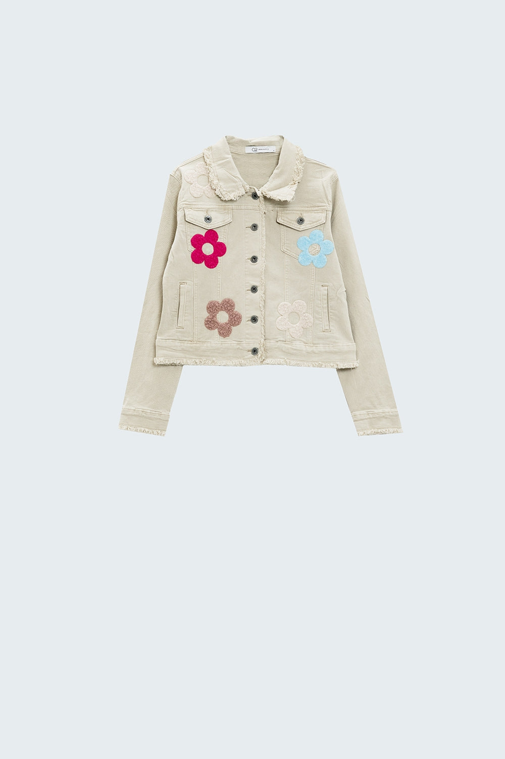 Beige Denim Jacket With Embroided Flowers - Jackets