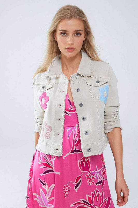 Beige Denim Jacket With Embroided Flowers - Jackets