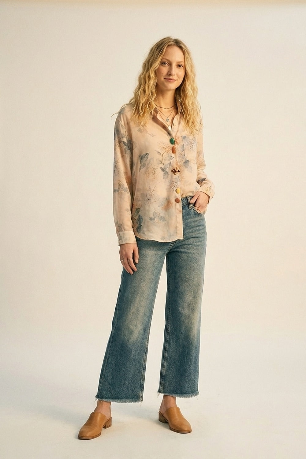 Beige Floral Print Button-Up Sheer Blouse - Shirts