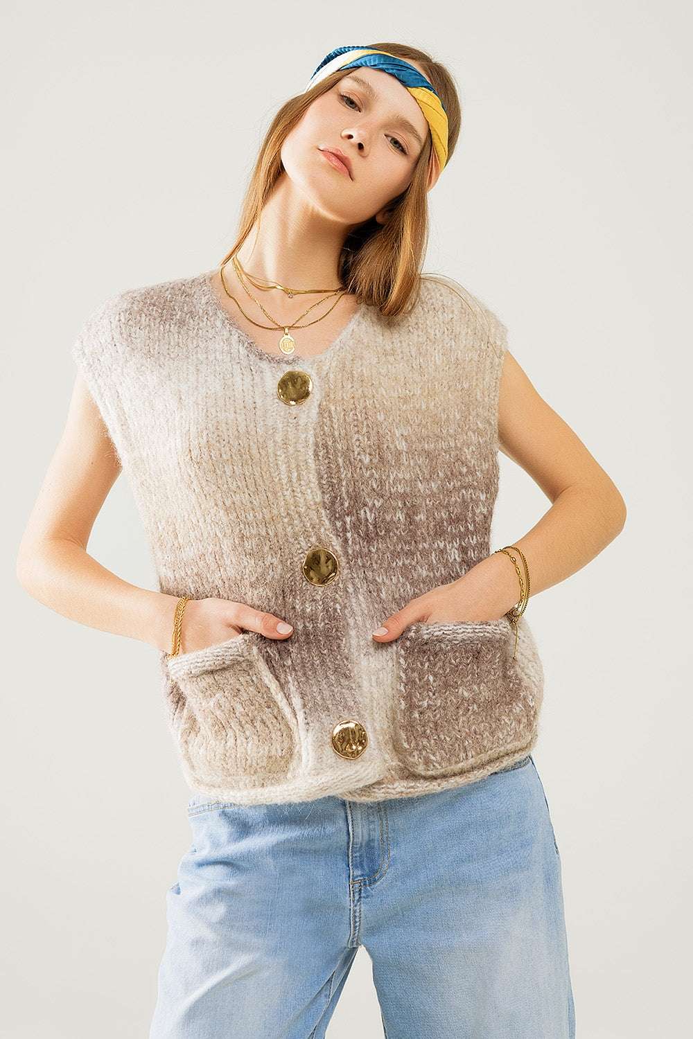 Beige gradient knitted vest with gold buttons - Jumpers