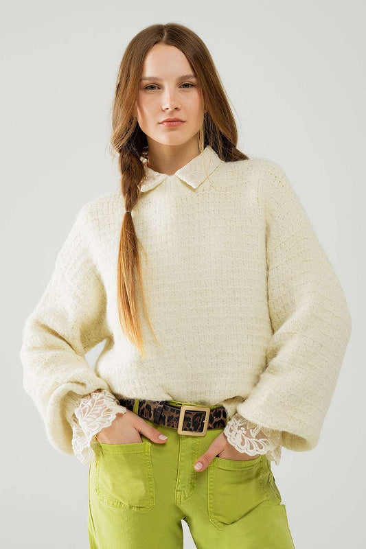Beige Knit Sweater with balloon Sleeves - Jumpers