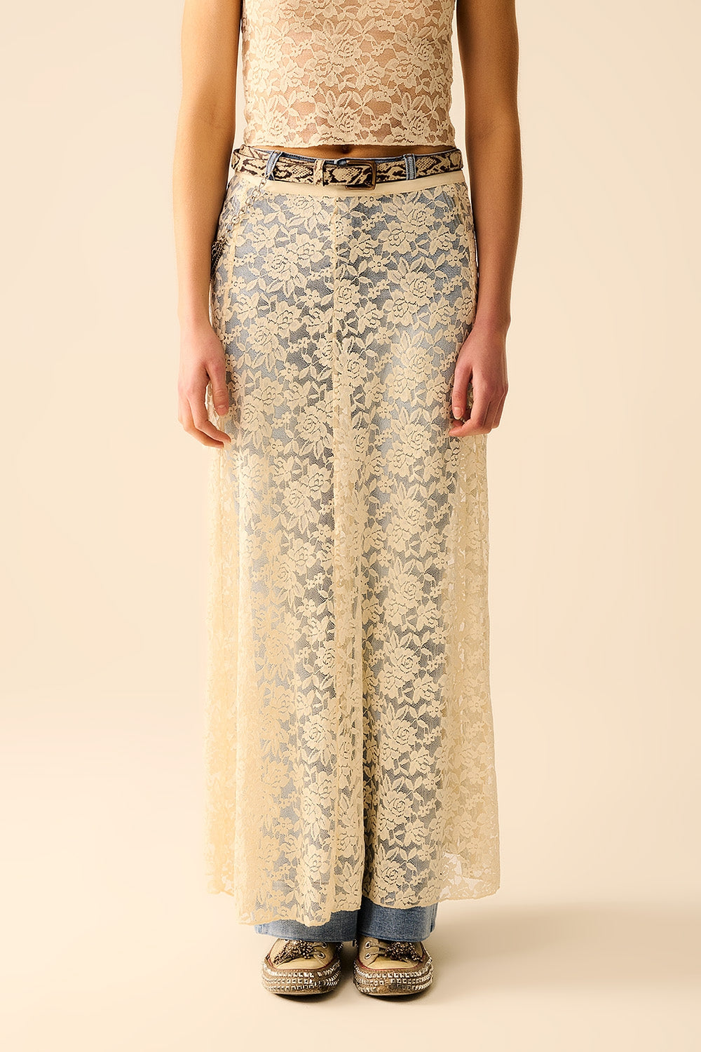 Beige Lace maxi Skirt With Floral design - Skirts