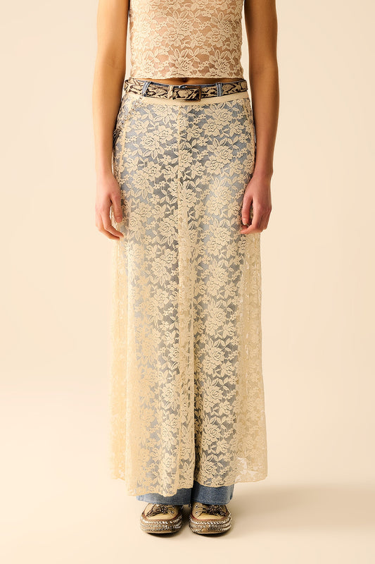 Beige Lace maxi Skirt With Floral design - Skirts