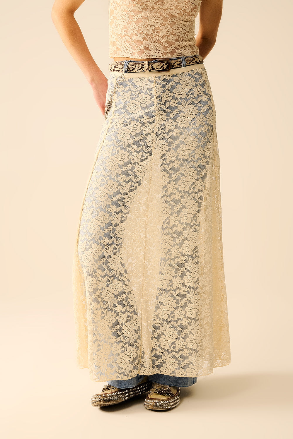 Beige Lace maxi Skirt With Floral design - Skirts
