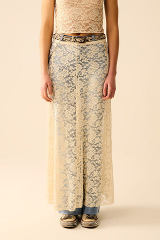 Beige Lace maxi Skirt With Floral design