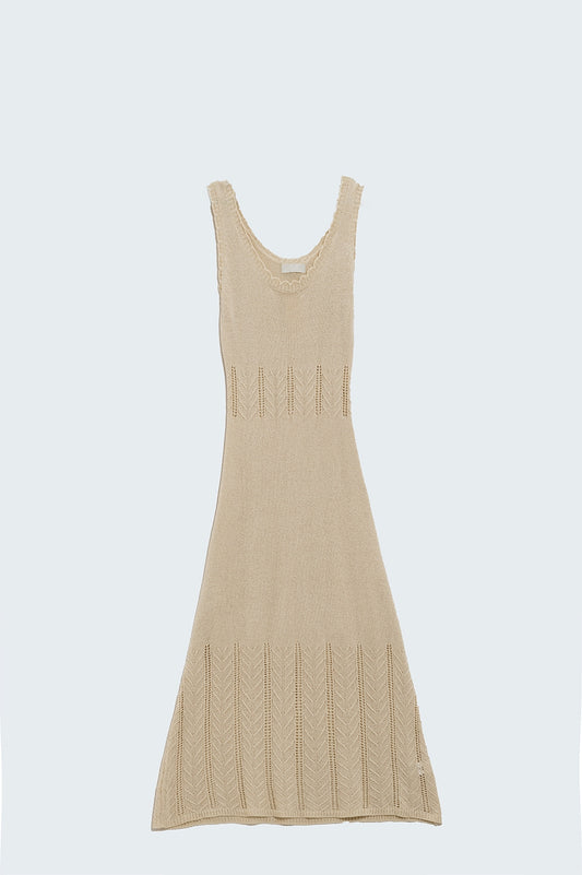 Beige Maxi A-line Dress In Fine Knit Style - Dresses