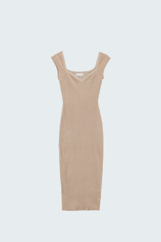 Beige Midi Thick Rib Bodycon Dress With Cap Sleeves - Dresses