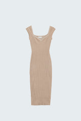 Beige Midi Thick Rib Bodycon Dress With Cap Sleeves