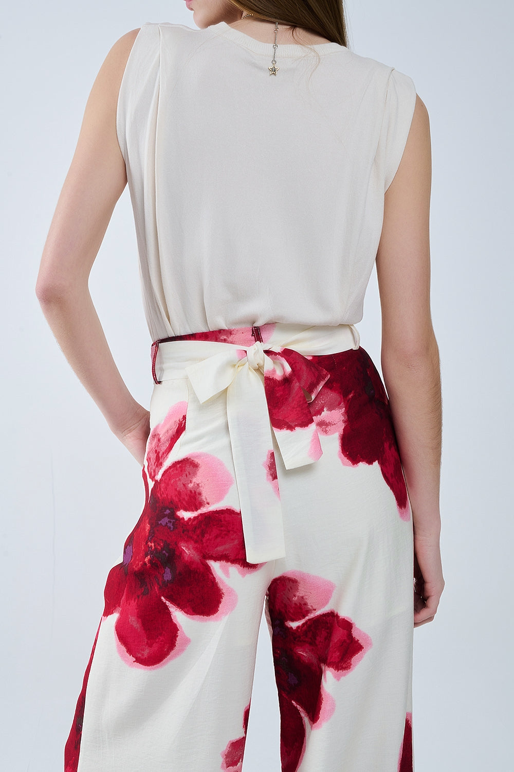 Beige Palazzo Pants With Red Tropial Flower Print and Matching Belt - Trousers