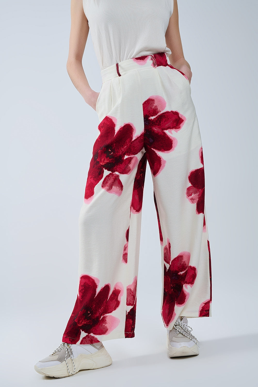 Beige Palazzo Pants With Red Tropial Flower Print and Matching Belt - Trousers