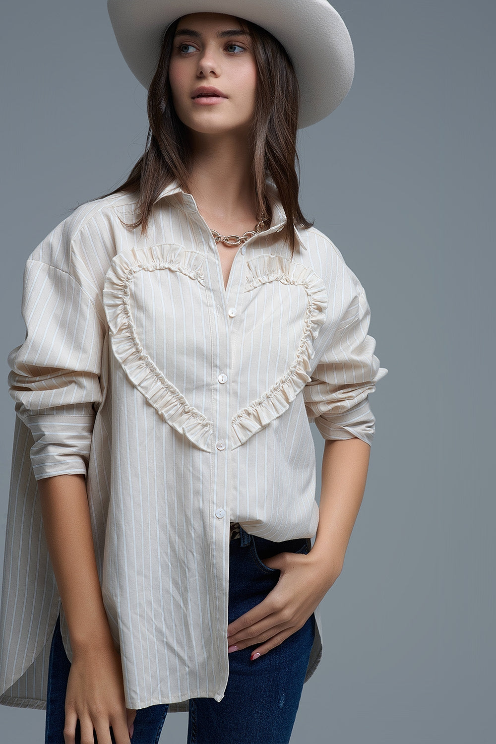 Beige Relaxed Striped Shirt With Heart Seam Detail - Shirts