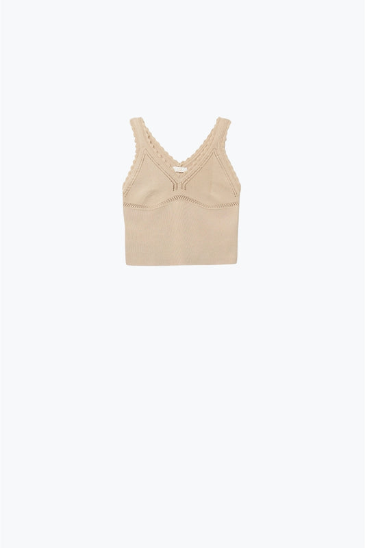 Beige Ribbed Knit Top with Scalloped V-Neck - Tops