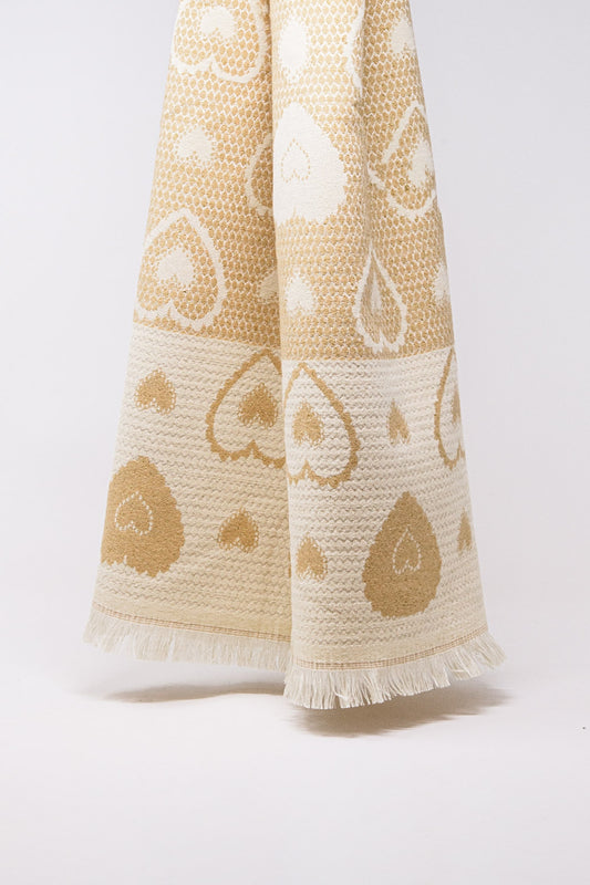 beige scarf with heart print and golden thread detail - Scarves