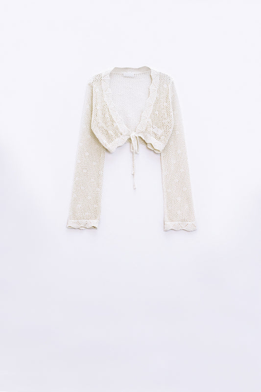 beige short crochet cardigan with lurex detail - Cardigans
