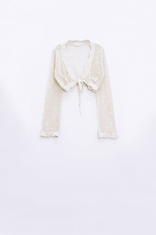 cardigan curto bege em crochet com detalhe de lurex