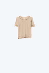 Beige Short Sleeve Knit Top with Camel Contrast Trims