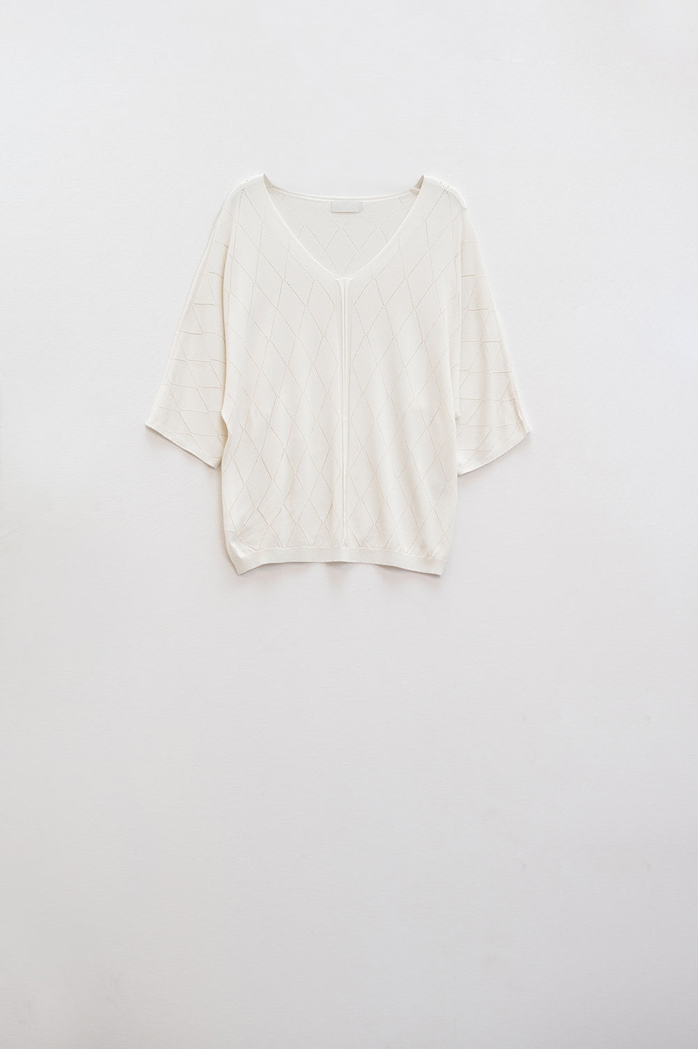 Beige Short Sleeve Sweater With Argyle Pattern - Jumpers