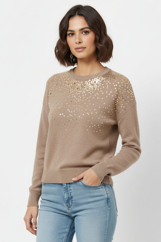 Beige soft knit sweater embellished with sequins on the front -