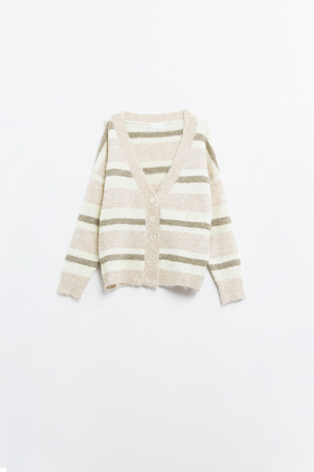 beige striped fluffy cardigan - Cardigans