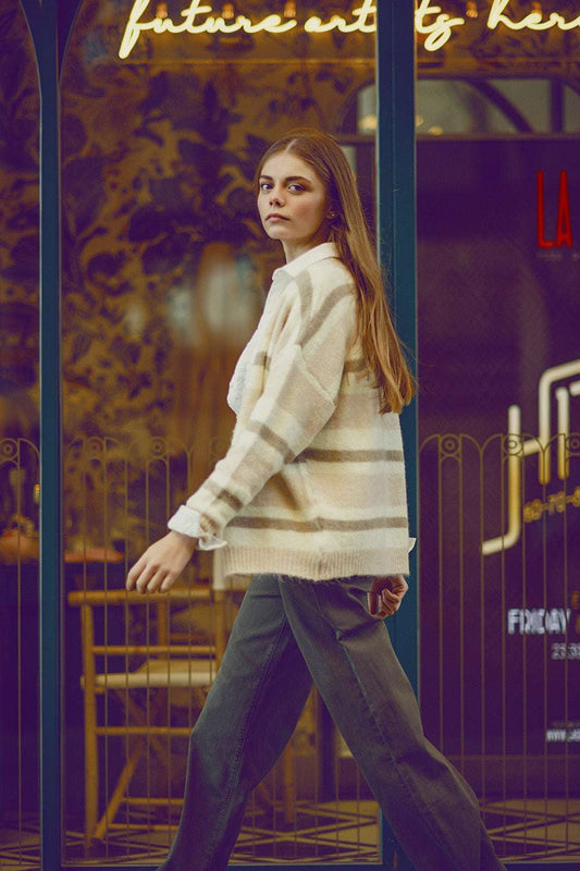 beige striped fluffy cardigan - Cardigans