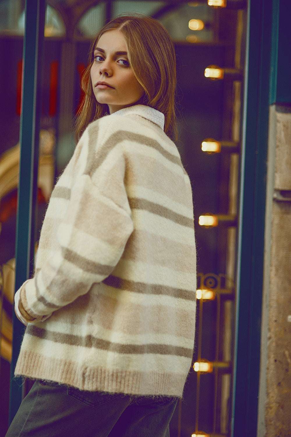 beige striped fluffy cardigan - Cardigans