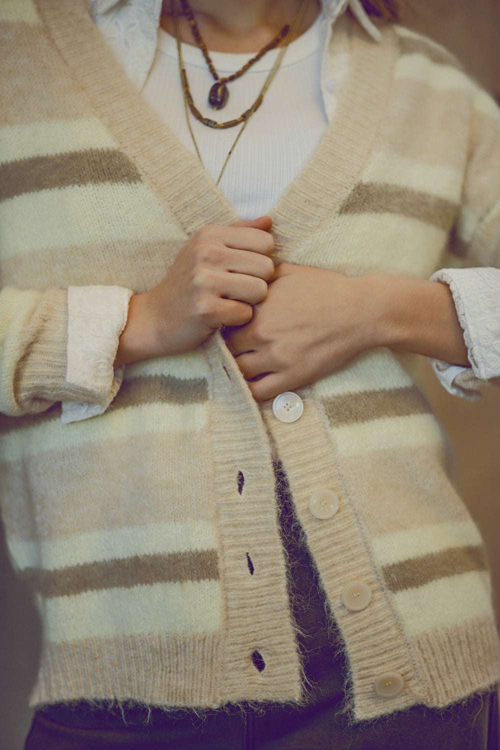beige striped fluffy cardigan - Cardigans