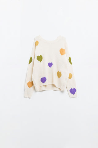 Beige sweater with boat neck and heart print