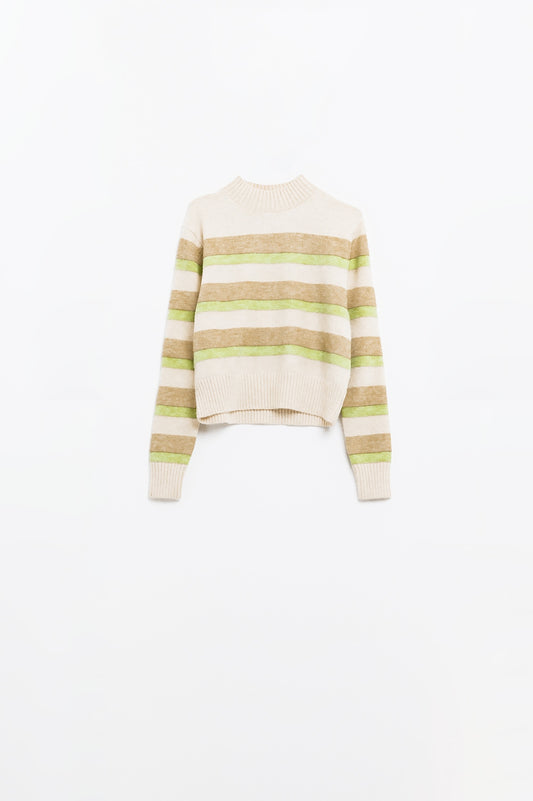 beige sweater with green and camel stripes - Sweaters