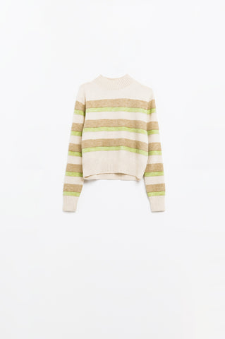 pull beige à rayures vertes et camel