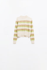 pull beige à rayures vertes et camel