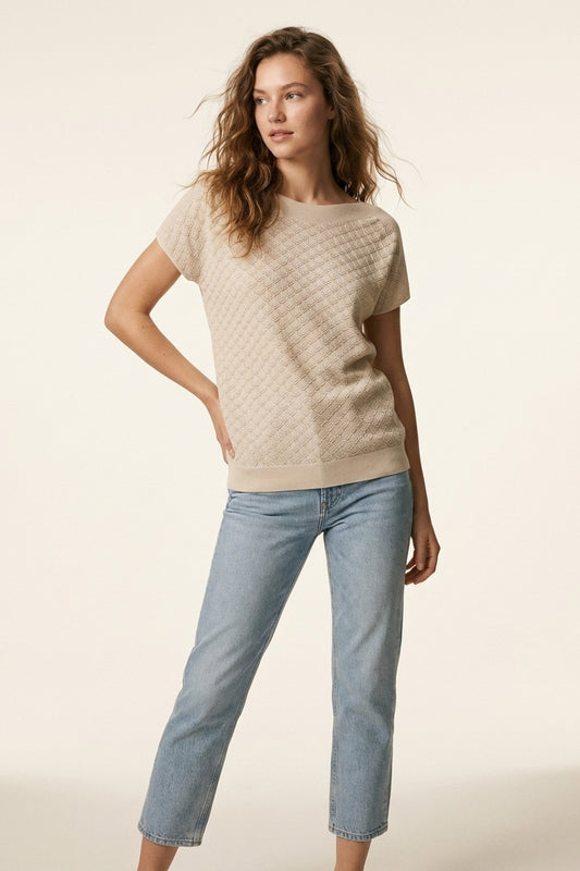 Beige Textured Knit Short Sleeve Sweater Top -