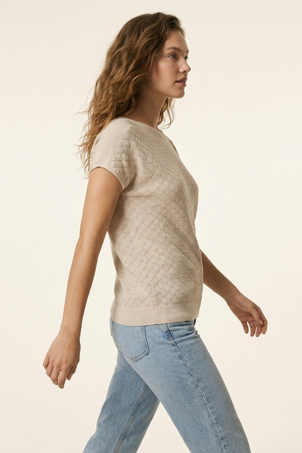 Beige Textured Knit Short Sleeve Sweater Top -