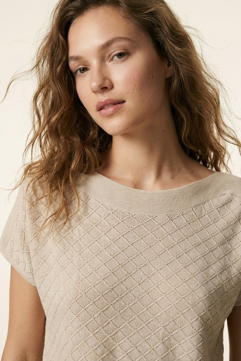 Beige Textured Knit Short Sleeve Sweater Top -