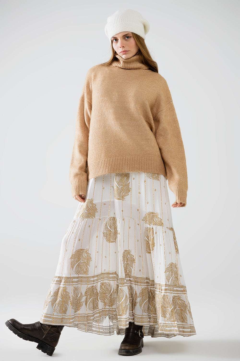 Beige turtleneck jumper with dropped sleeves - Jumpers