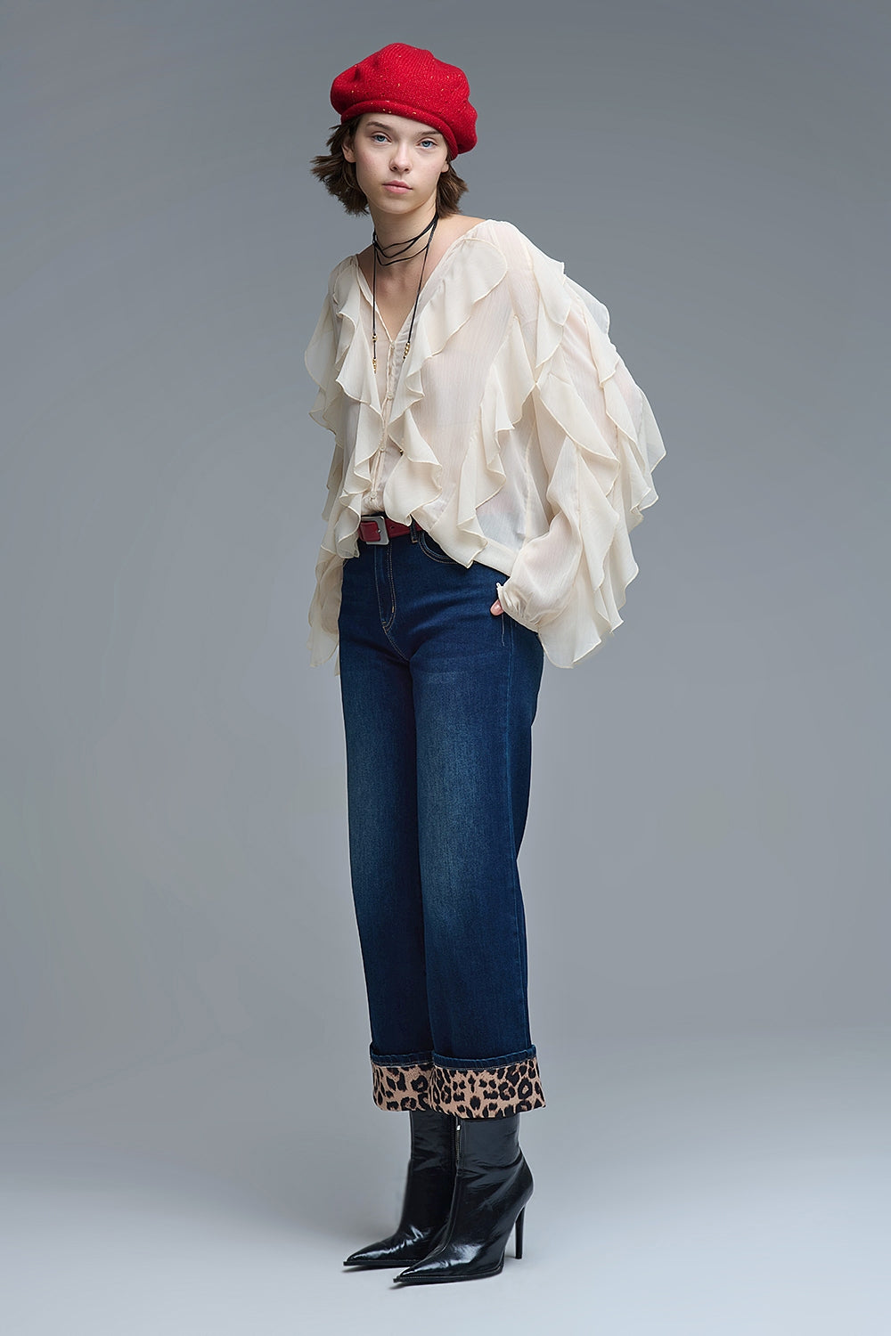 Beige V-Neck All Over Ruffle Blouse - Tops