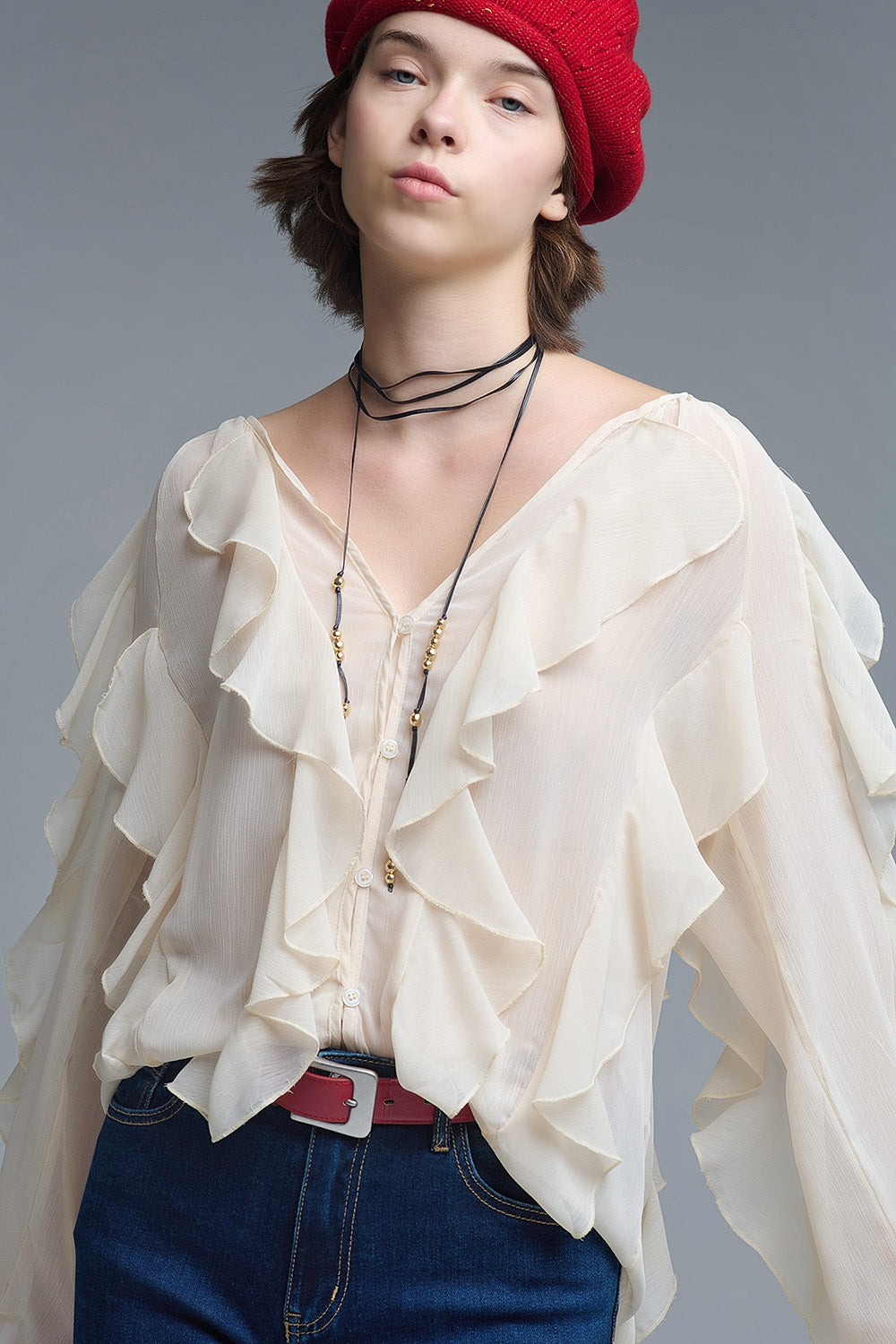 Beige V-Neck All Over Ruffle Blouse - Tops