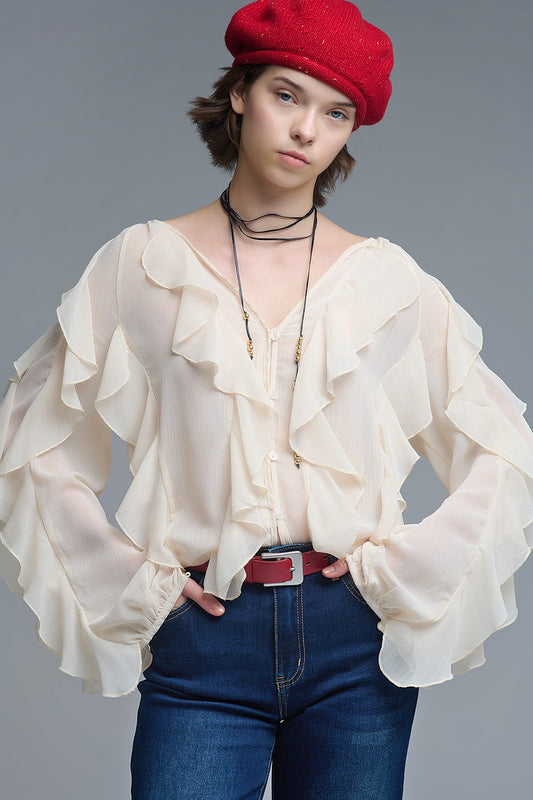 Beige V-Neck All Over Ruffle Blouse - Tops