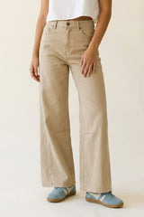 Beige Wide-Leg Casual Cotton Pants with 5 pockets