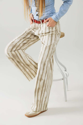 Pantalon beige à jambes larges et à rayures élastiques