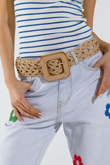 Beige woven belt with big square buckle with brown border