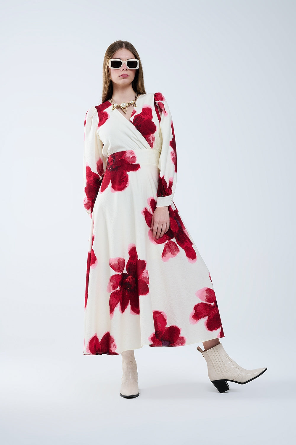 Beige Wrap Midi Dress With Red Tropical Floral Print and Long Sleeves - Dresses