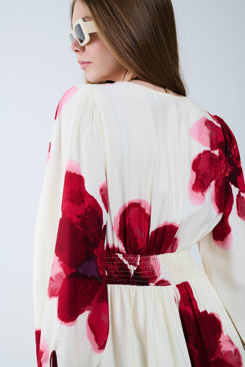 Beige Wrap Midi Dress With Red Tropical Floral Print and Long Sleeves - Dresses