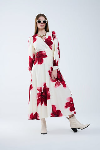Robe portefeuille mi-longue beige à imprimé floral tropical rouge et manches longues