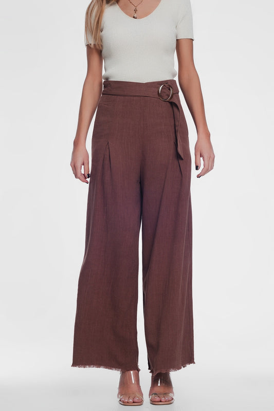 belted high waist wideleg trouser in brown - Trousers