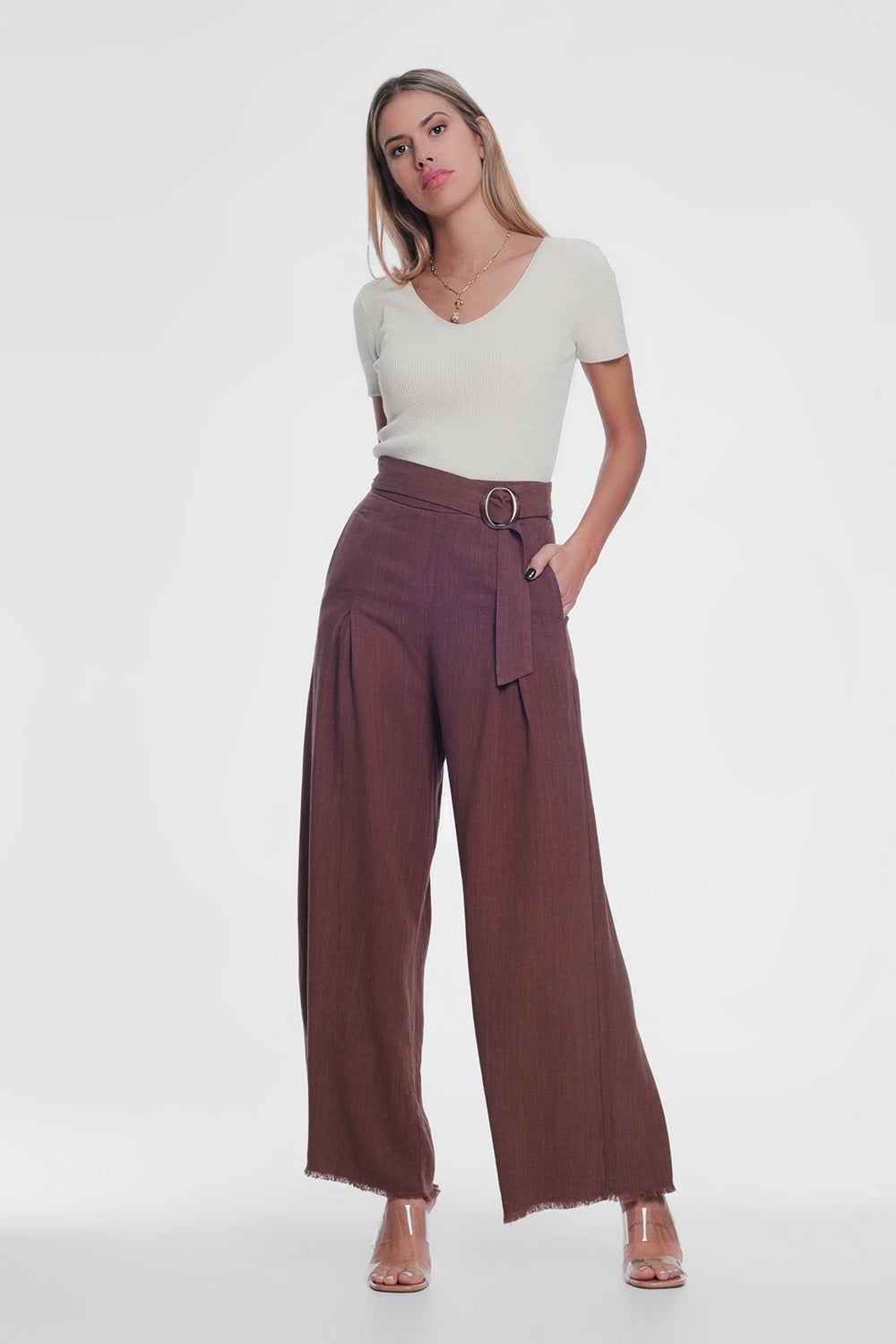 belted high waist wideleg trouser in brown - Trousers