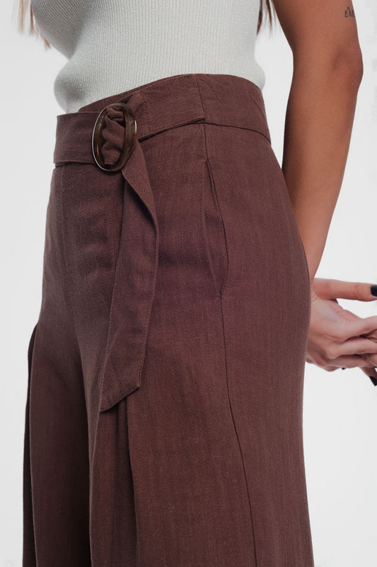 belted high waist wideleg trouser in brown - Trousers