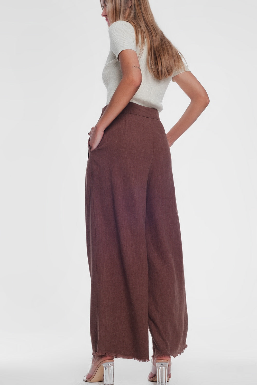 belted high waist wideleg trouser in brown - Trousers